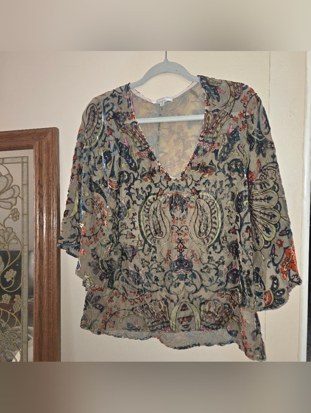 Lavender Brown Paisley Floral Chiffon Blouse XS Sheer Flowy Peasant Whimsigoth